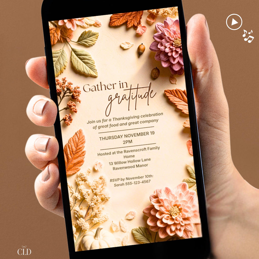 Animated Thanksgiving invitation. Sculpted bas-relief autumn florals in blush, dusty rose and terracotta with sage leaves frame a cream centre reading Gather in Gratitude. An editable Canva template video to send by text for a Thanksgiving or Friendsgiving dinner.