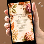 Animated Thanksgiving invitation. Sculpted bas-relief autumn florals in blush, dusty rose and terracotta with sage leaves frame a cream centre reading Gather in Gratitude. An editable Canva template video to send by text for a Thanksgiving or Friendsgiving dinner.
