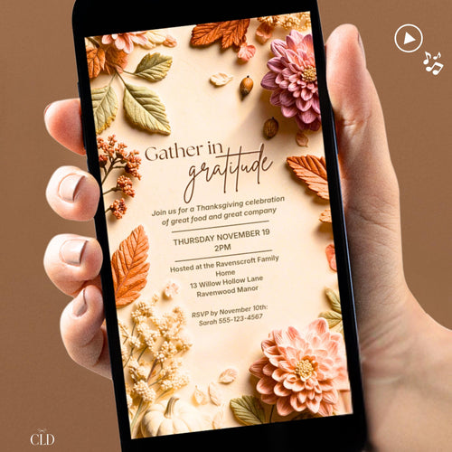 Animated Thanksgiving invitation. Sculpted bas-relief autumn florals in blush, dusty rose and terracotta with sage leaves frame a cream centre reading Gather in Gratitude. An editable Canva template video to send by text for a Thanksgiving or Friendsgiving dinner.