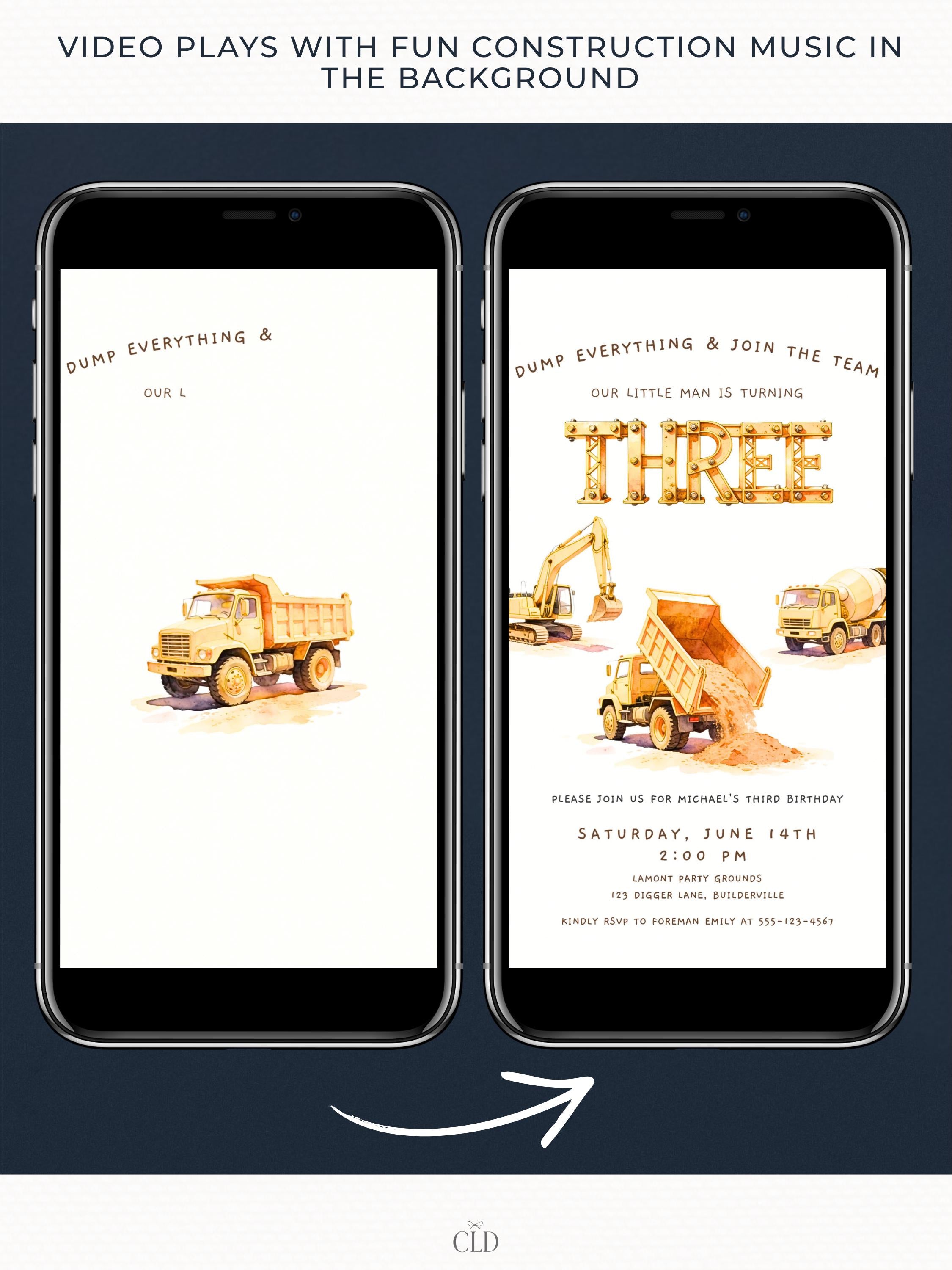 Three Construction Birthday Animated Evite, Dump Truck 3rd Bday Invitation, Digger Editable Canva Template, Custom Boys Invite Video