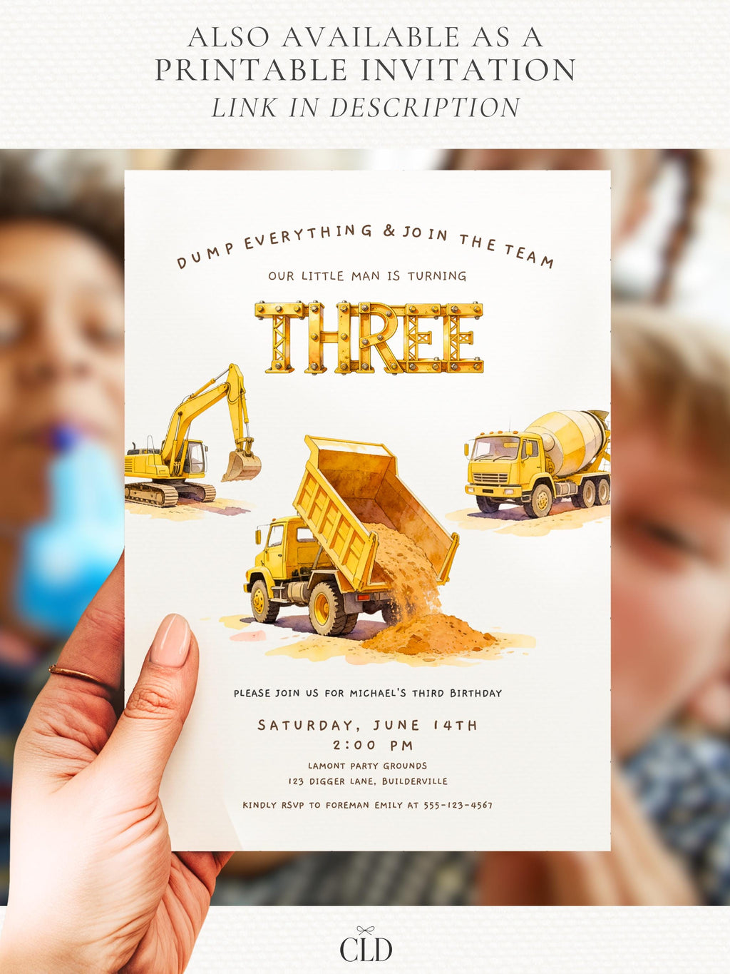Three Construction Birthday Animated Evite, Dump Truck 3rd Bday Invitation, Digger Editable Canva Template, Custom Boys Invite Video