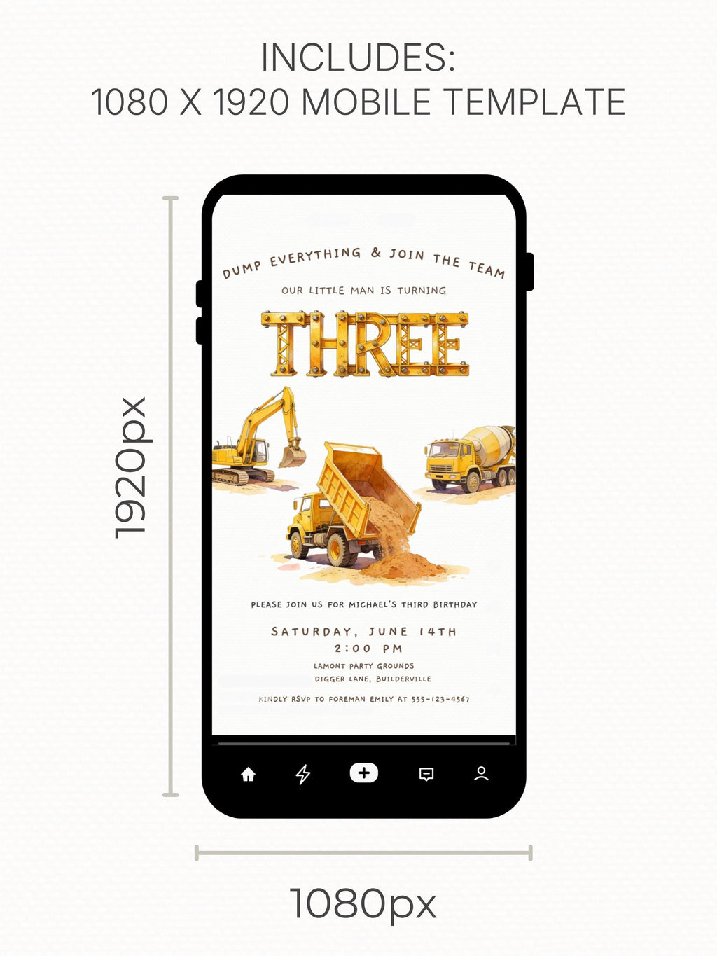 Three Construction Birthday Printable Invite, Dump Truck 3rd Bday 5x7 Invitation, Digger Editable Canva Template, Custom Boys Evite