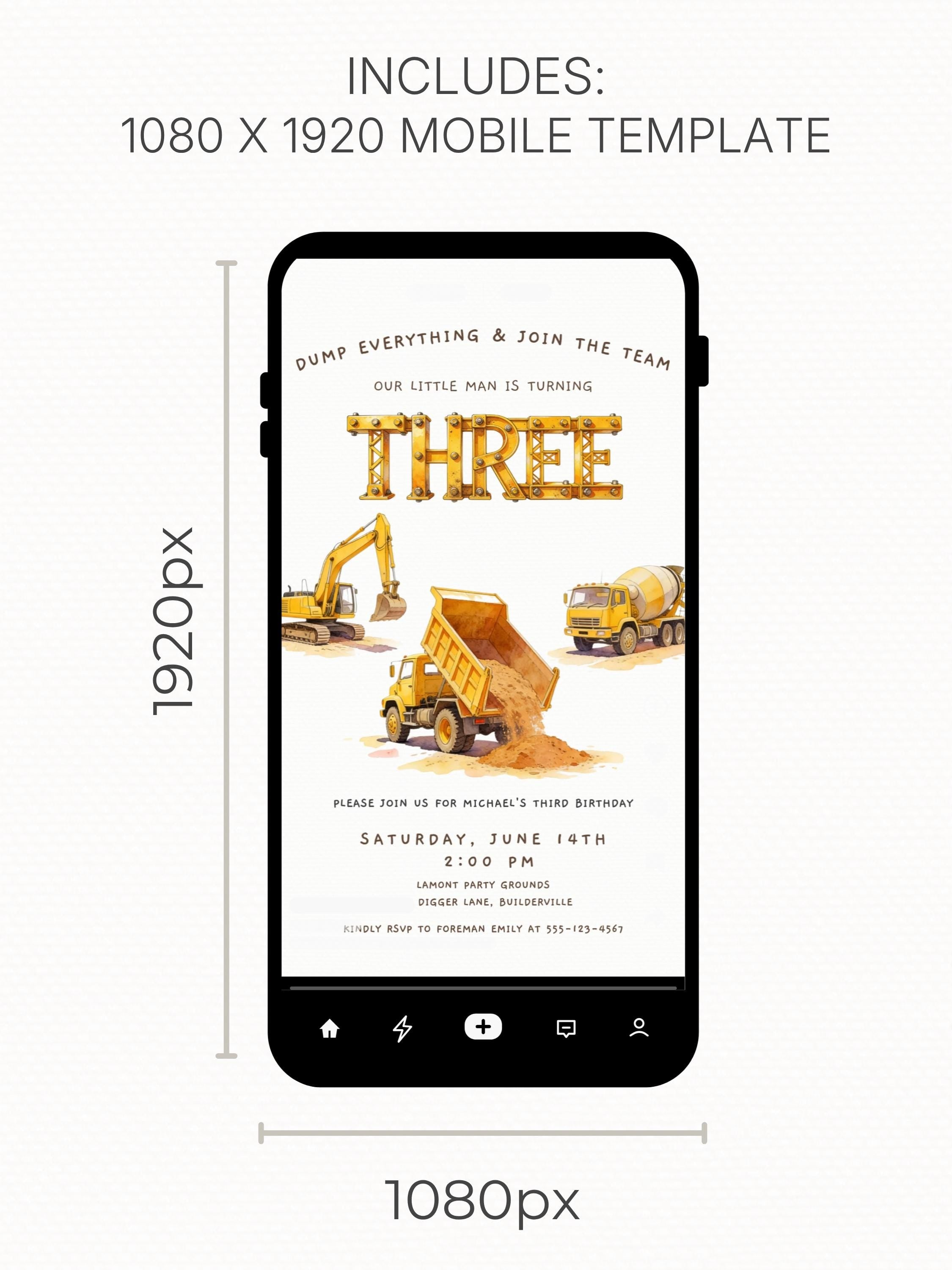 Three Construction Birthday Printable Invite, Dump Truck 3rd Bday 5x7 Invitation, Digger Editable Canva Template, Custom Boys Evite