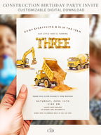 Three Construction Birthday Printable Invite, Dump Truck 3rd Bday 5x7 Invitation, Digger Editable Canva Template, Custom Boys Evite