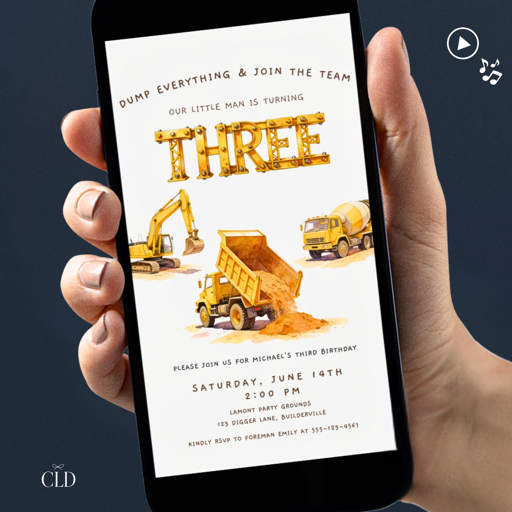 Three Construction Birthday Animated Evite, Dump Truck 3rd Bday Invitation, Digger Editable Canva Template, Custom Boys Invite Video