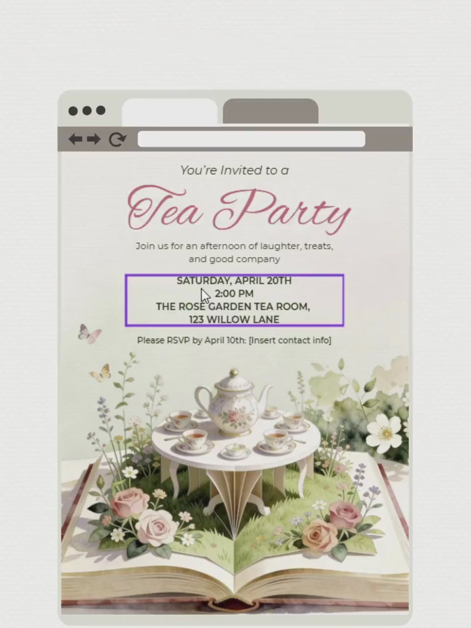 Printable Tea Party Invitation - Storybook Afternoon/High Brunch Garden Evite (Editable Canva Digital Template Birthday Invite)