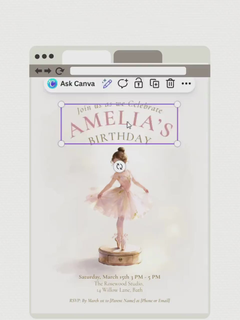 Printable Little Ballerina Birthday Invitation, Twirl Into Another Year Evite, Editable Canva Template, 5x7 Girl Dance Party Digital Invite