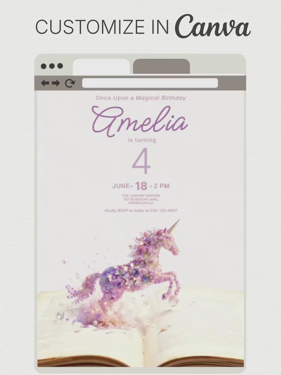Printable Storybook Unicorn Birthday Invitation-| Girls 1st 2nd 3rd Bday Party Invite - Magical Floral Print (Editable Canva Template)