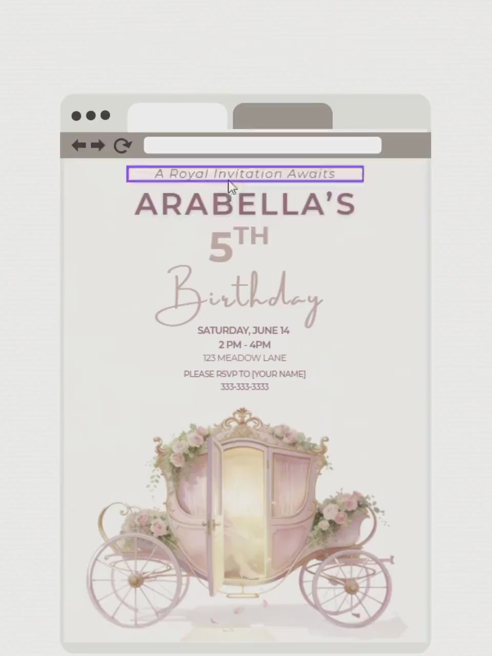 Printable Princess Birthday Invitation, Magical Carriage Evite, Girl 5th Party Fairytale Digital Invite, (Editable Custom Canva Template)