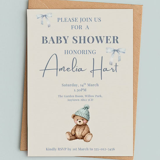 Editable Blue Bear Baby Shower Invitation Template-Boy Winter Nesting Party Invite (Instant Download Digital Custom Canva Template)