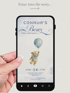 Animated Teddy Bear First Birthday Evite - Boy 1st Bday Video Invitation - Beary First Birthday Digital Invite (Editable Canva Template)