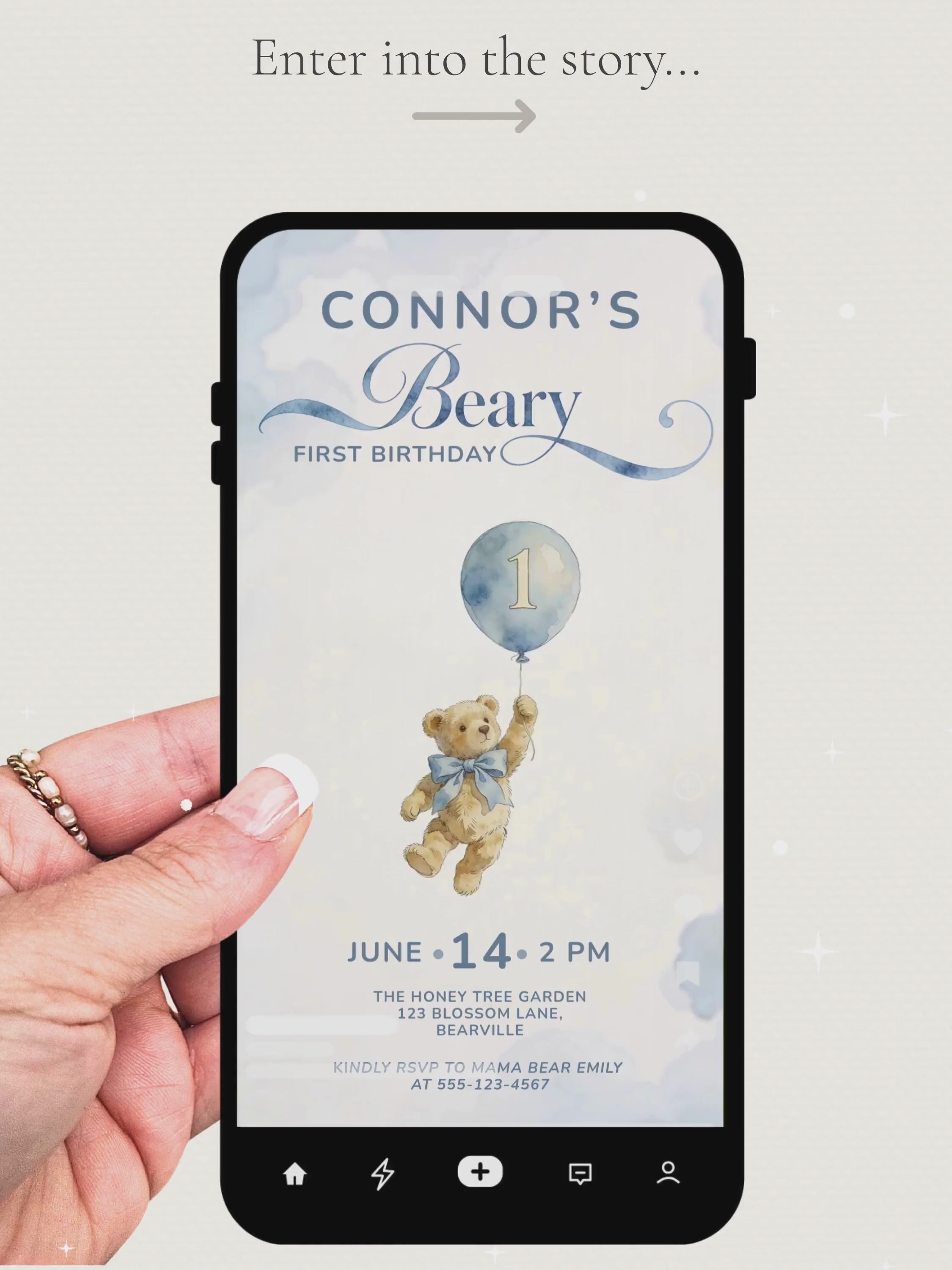Animated Teddy Bear First Birthday Evite - Boy 1st Bday Video Invitation - Beary First Birthday Digital Invite (Editable Canva Template)