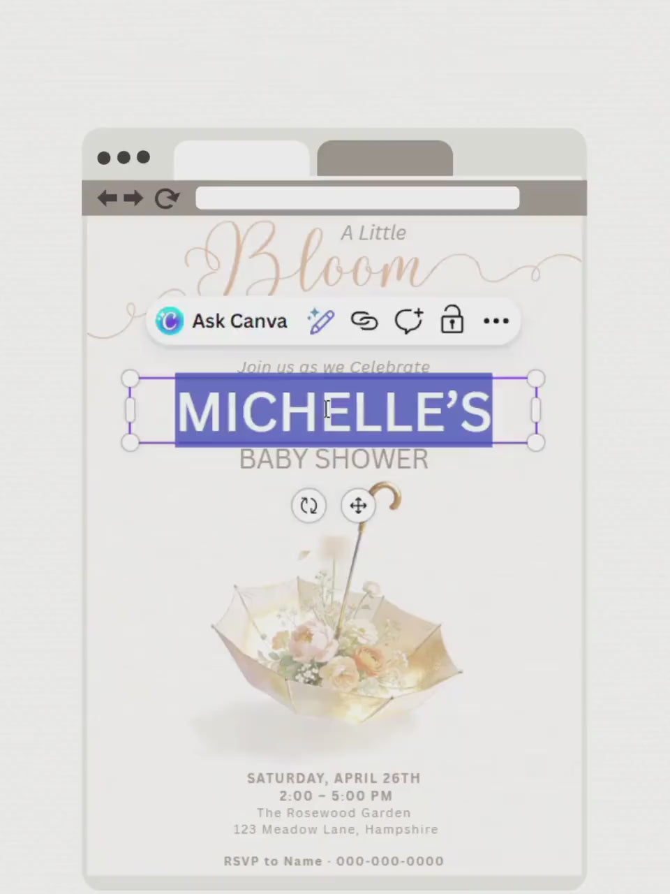 Baby Shower Invitation Template Printable, A Little Bloom Is On The Way Invite, Floral Umbrella Baby Shower, Editable Canva 5x7 Card