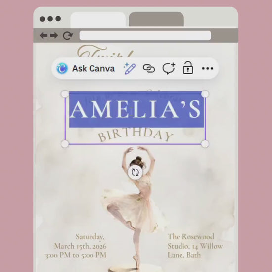 Ballerina Birthday Invitation-Dance Kids Party Invite (Custom Instant Download Canva Template) Elegant Music Box Ballet Girl Evite