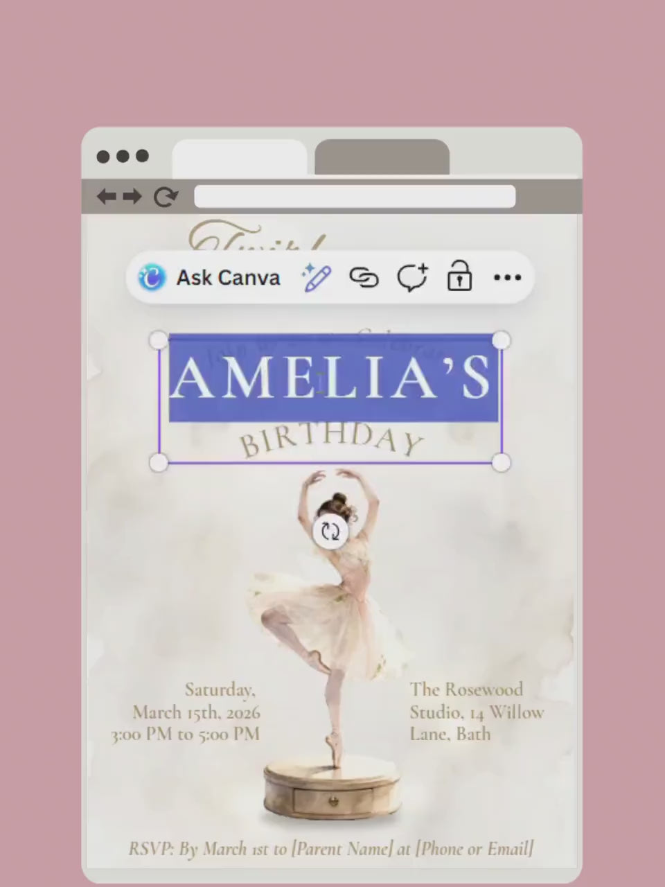Ballerina Birthday Invitation-Dance Kids Party Invite (Custom Instant Download Canva Template) Elegant Music Box Ballet Girl Evite