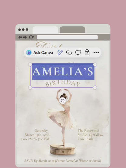 Ballerina Birthday Invitation-Dance Kids Party Invite (Custom Instant Download Canva Template) Elegant Music Box Ballet Girl Evite
