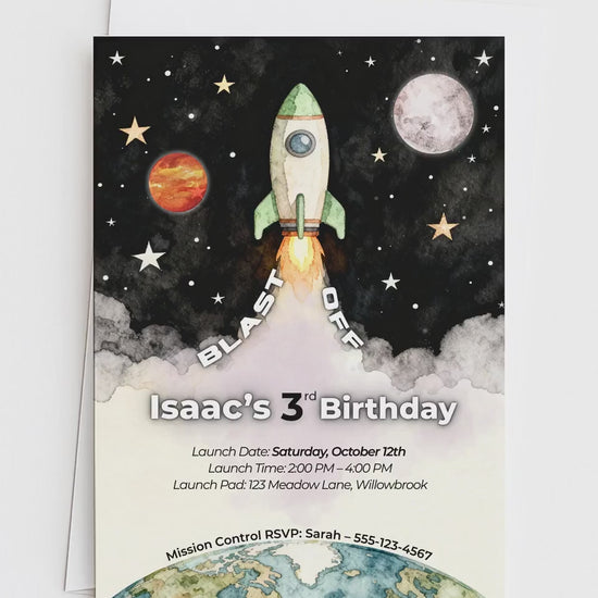 3rd Birthday Space Invitation - Digital Rocket Ship Kids Party Invite (Customizable Instant Download Canva Template) Watercolor Evite