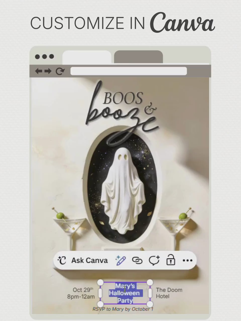 Halloween Party Invitation Printable - Boos & Booze (Editable Canva Template) Spooky Adult Cocktail Themed Party Invite, 5x7 and mobile