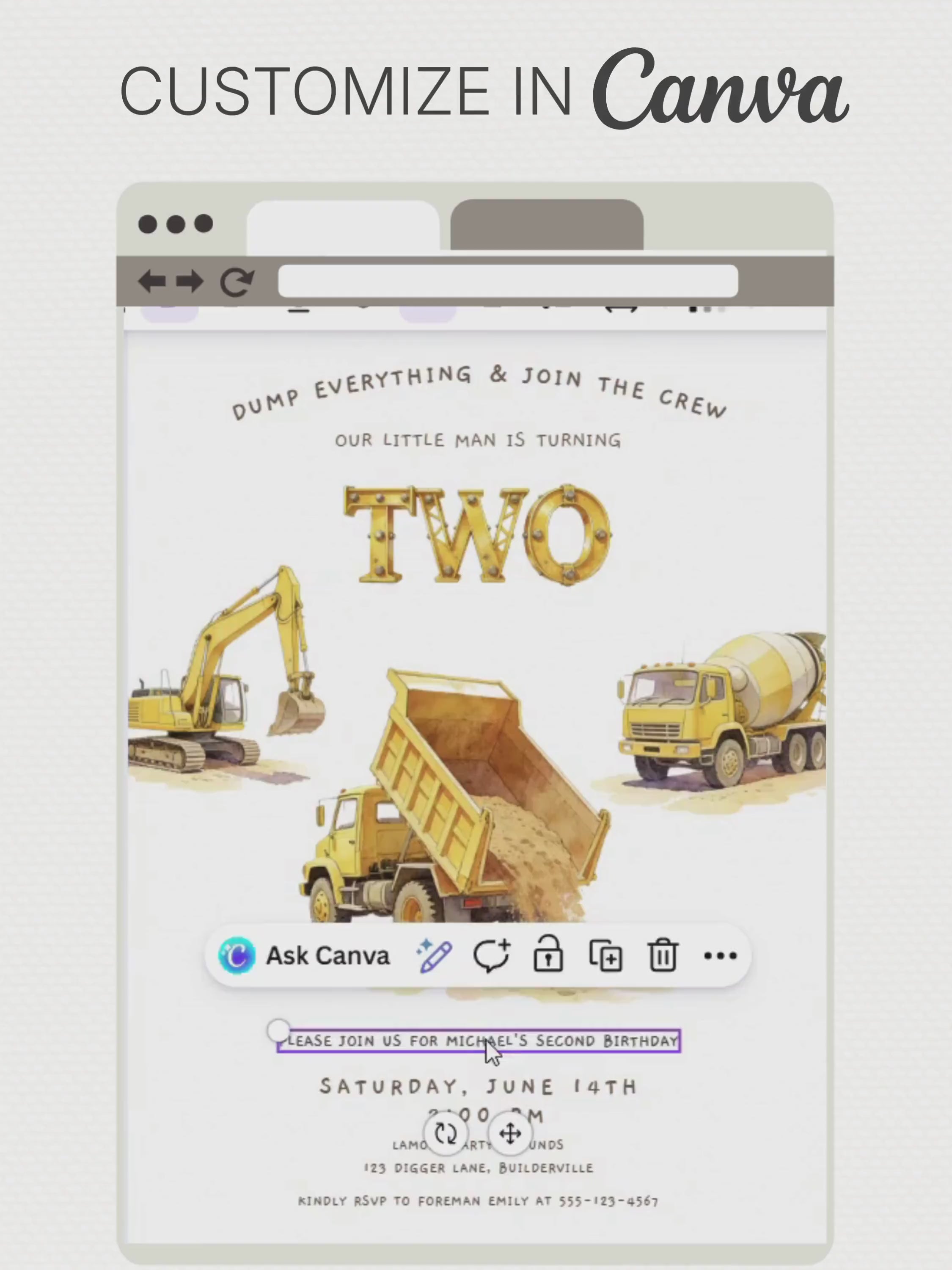 Construction Birthday Printable Invite, Dump Truck 2nd Bday 5x7 Invitation, Digger Editable Canva Template, Custom Boys Evite