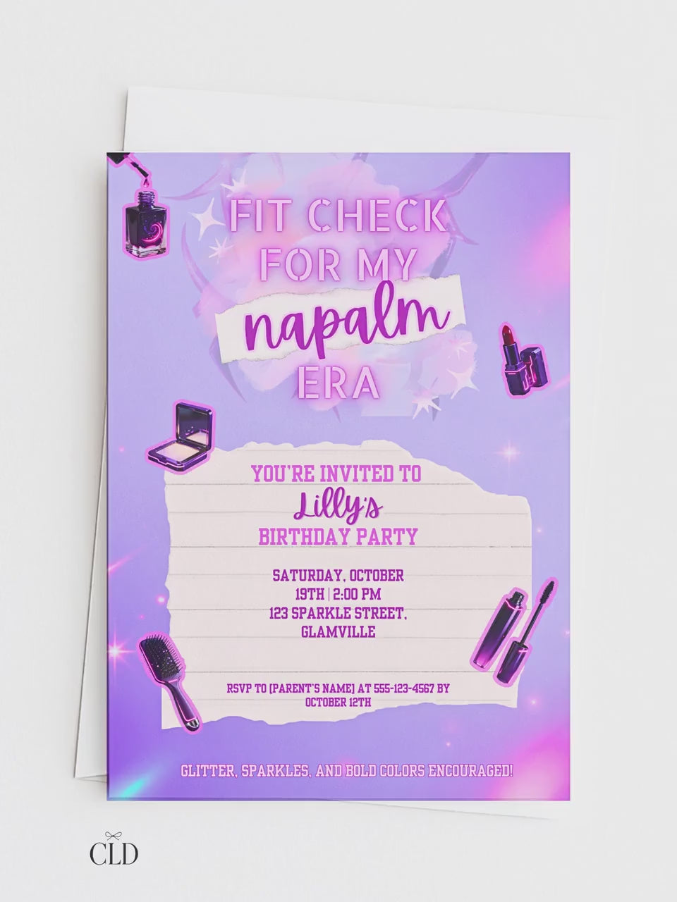 Editable K-Pop Birthday Invitation, Neon Purple Party Invite, Glam Makeup Theme (Instant Download Digital Download Printable Canva Template)
