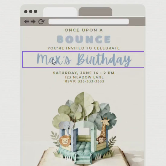 Jungle Bouncy Castle Birthday Invitation Template - Storybook Pop Up Party Invite (Editable Canva Printable Invite 5x7 Digital Download)