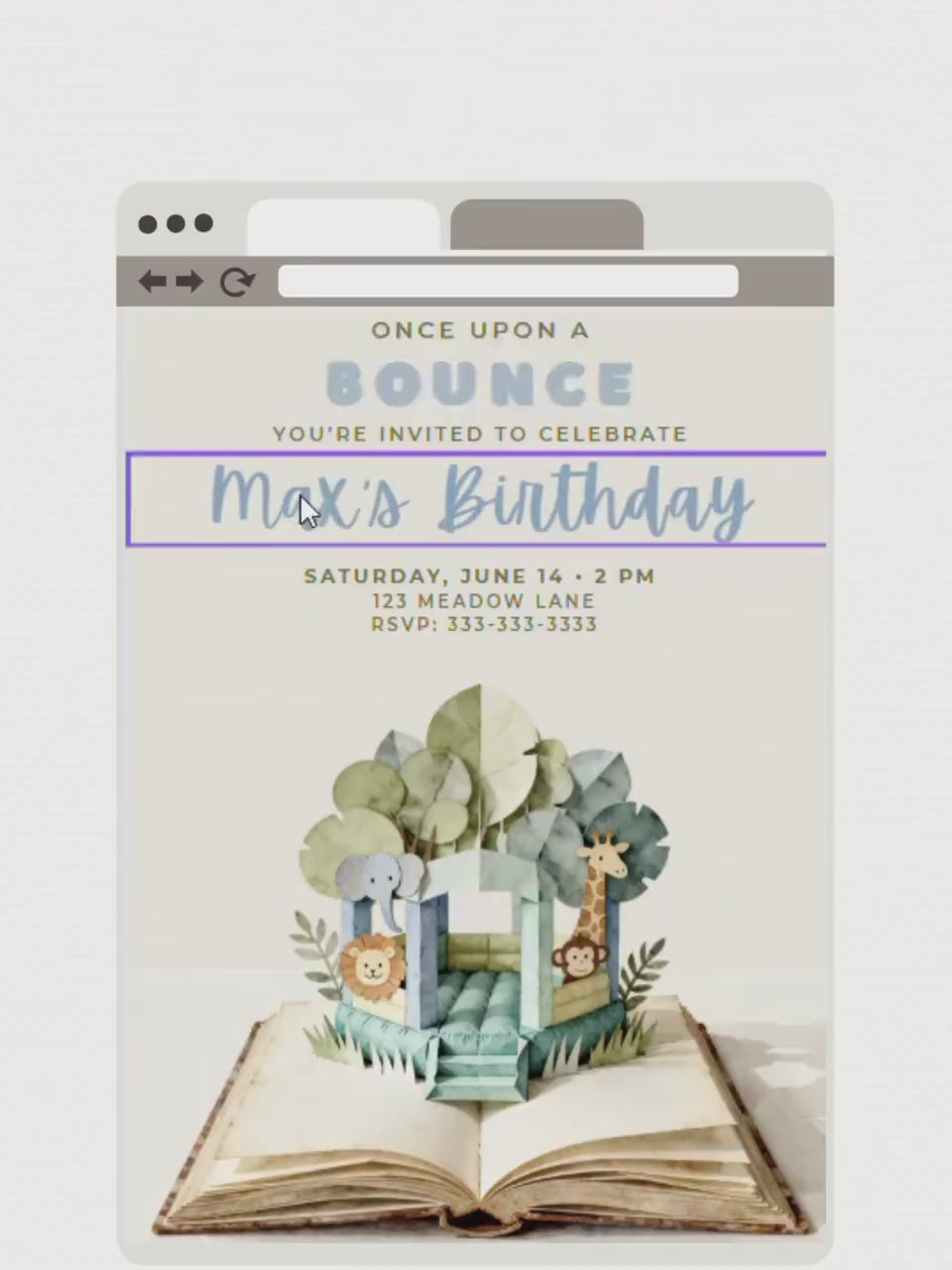Jungle Bouncy Castle Birthday Invitation Template - Storybook Pop Up Party Invite (Editable Canva Printable Invite 5x7 Digital Download)