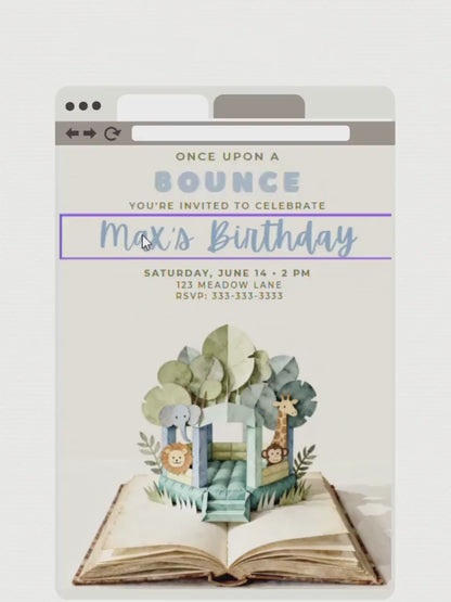 Jungle Bouncy Castle Birthday Invitation Template - Storybook Pop Up Party Invite (Editable Canva Printable Invite 5x7 Digital Download)