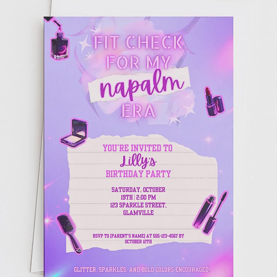 Editable K-Pop Birthday Invitation, Neon Purple Party Invite, Glam Makeup Theme (Instant Download Digital Download Printable Canva Template)