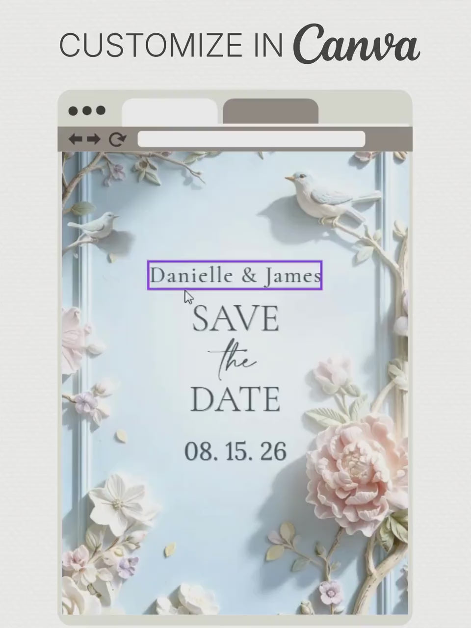 Printable Save the Date Wedding Invite, Floral Bas Relief Editable Canva Template, Powder Blue Digital Engagement Announcement Evite