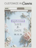Printable Save the Date Wedding Invite, Floral Bas Relief Editable Canva Template, Powder Blue Digital Engagement Announcement Evite