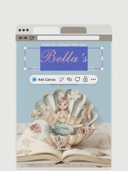 Printable Mermaid Birthday Invite - Digital Custom Storybook Under the Sea Party Invitation (Editable Instant Download Canva Template Evite)