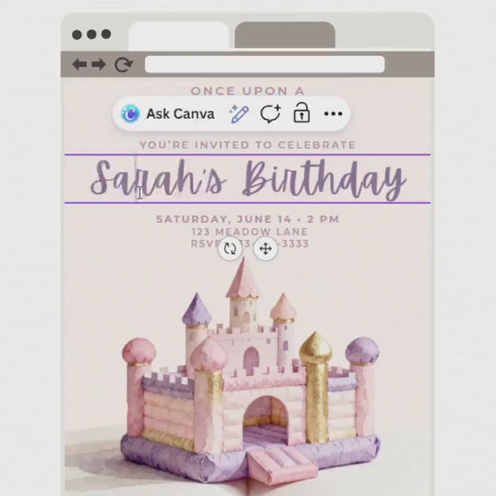 Princess Bouncy Castle Birthday Invitation Printable - Fairytale Bounce House Party Invite (Instant Download Editable Canva Template Evite)