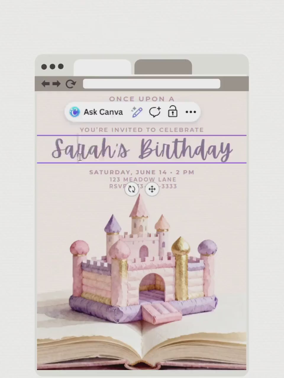 Princess Bouncy Castle Birthday Invitation Printable - Fairytale Bounce House Party Invite (Instant Download Editable Canva Template Evite)