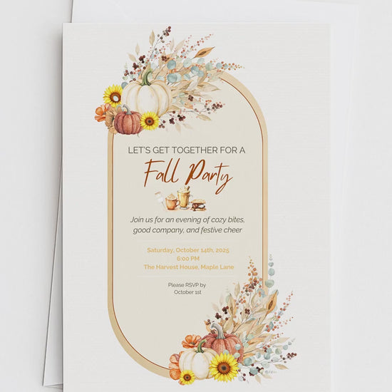 Printable Fall Party Invitation - Autumn Dinner Party Invite with Pumpkins & Florals (Digital Editable Canva Template)