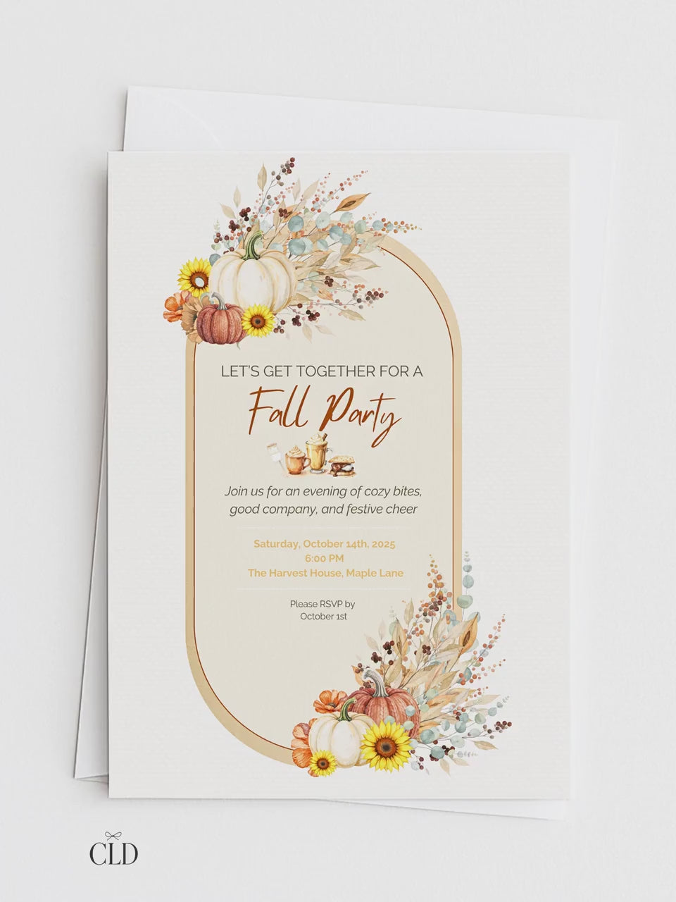 Printable Fall Party Invitation - Autumn Dinner Party Invite with Pumpkins & Florals (Digital Editable Canva Template)