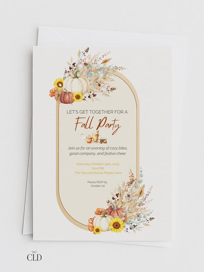 Printable Fall Party Invitation - Autumn Dinner Party Invite with Pumpkins & Florals (Digital Editable Canva Template)