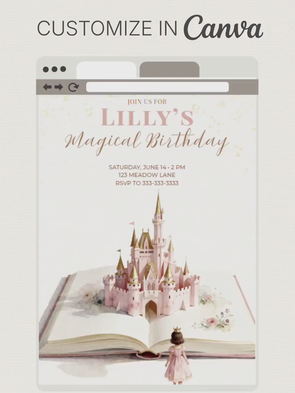Magical Princess Birthday Invitation - Custom Storybook Castle Printable Girls Party Invite (Instant Download Editable Canva Template)