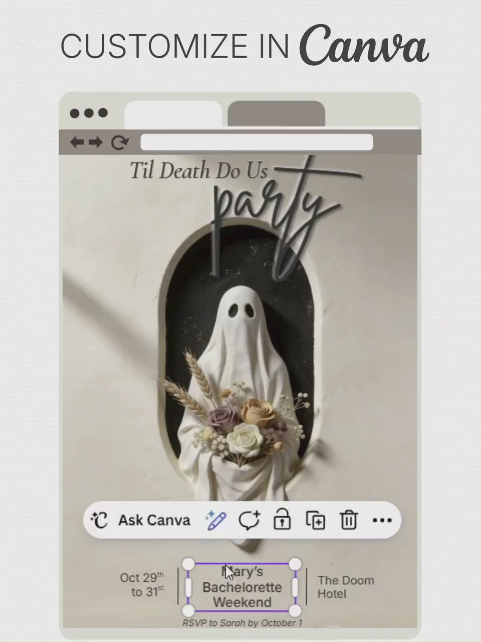 Halloween Bachelorette Invitation Printable - Til Death Do Us Party (Editable Canva Template) Spooky Hen Weekend Invite, 5x7