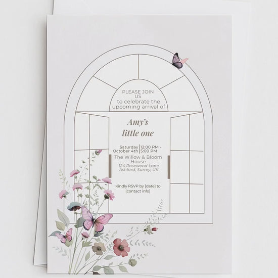 Elegant Butterfly Baby Shower Invitation Template ·Editable Arch Window Design with Florals· Neutral Minimal Baby Girl or Boy Shower Invite