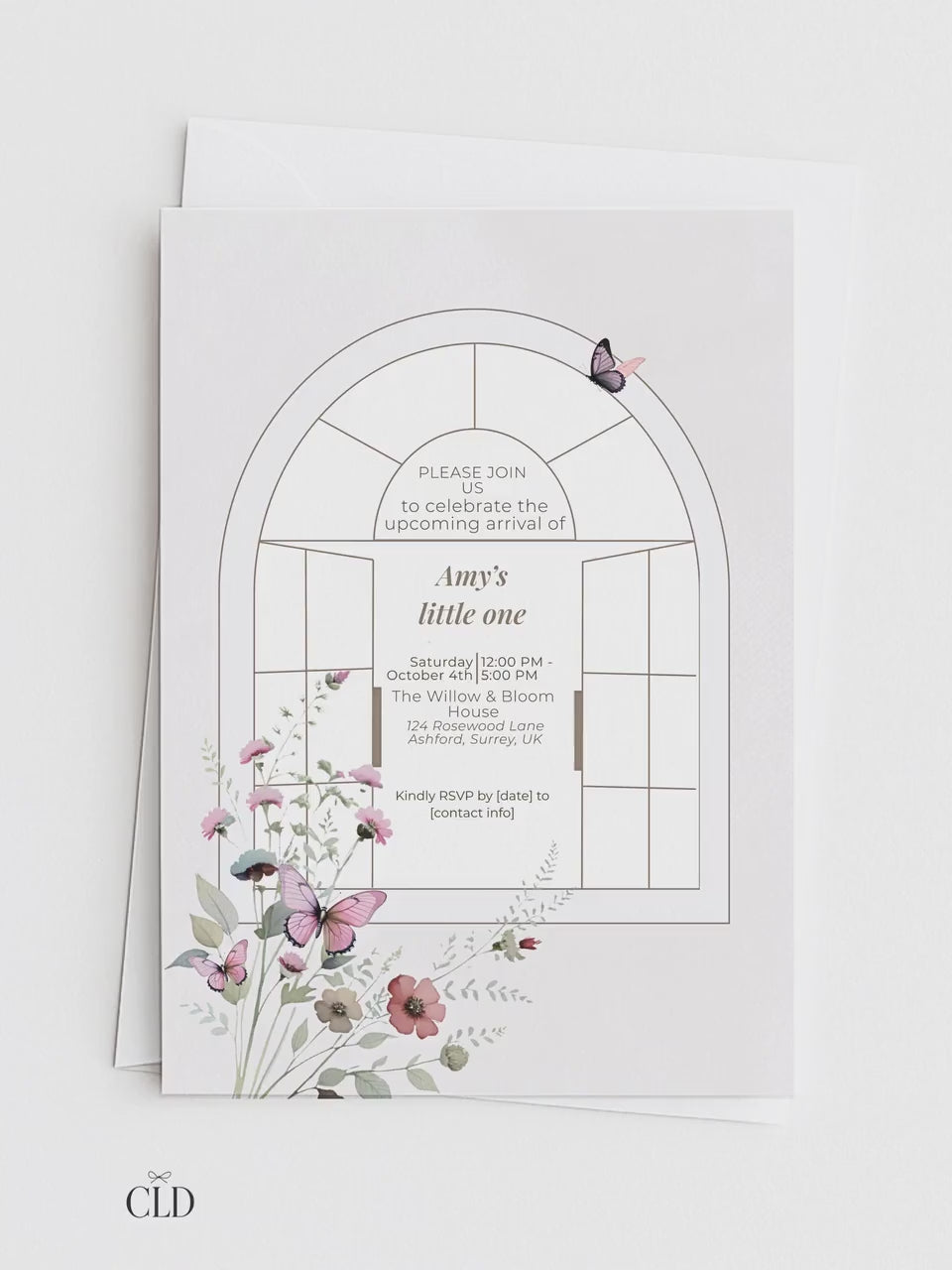 Elegant Butterfly Baby Shower Invitation Template ·Editable Arch Window Design with Florals· Neutral Minimal Baby Girl or Boy Shower Invite