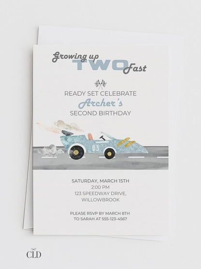 Racing Car 2nd Birthday Invite Printable (Instant Download Editable Canva Template) Custom Digital Video Invitation for Boy’s Party