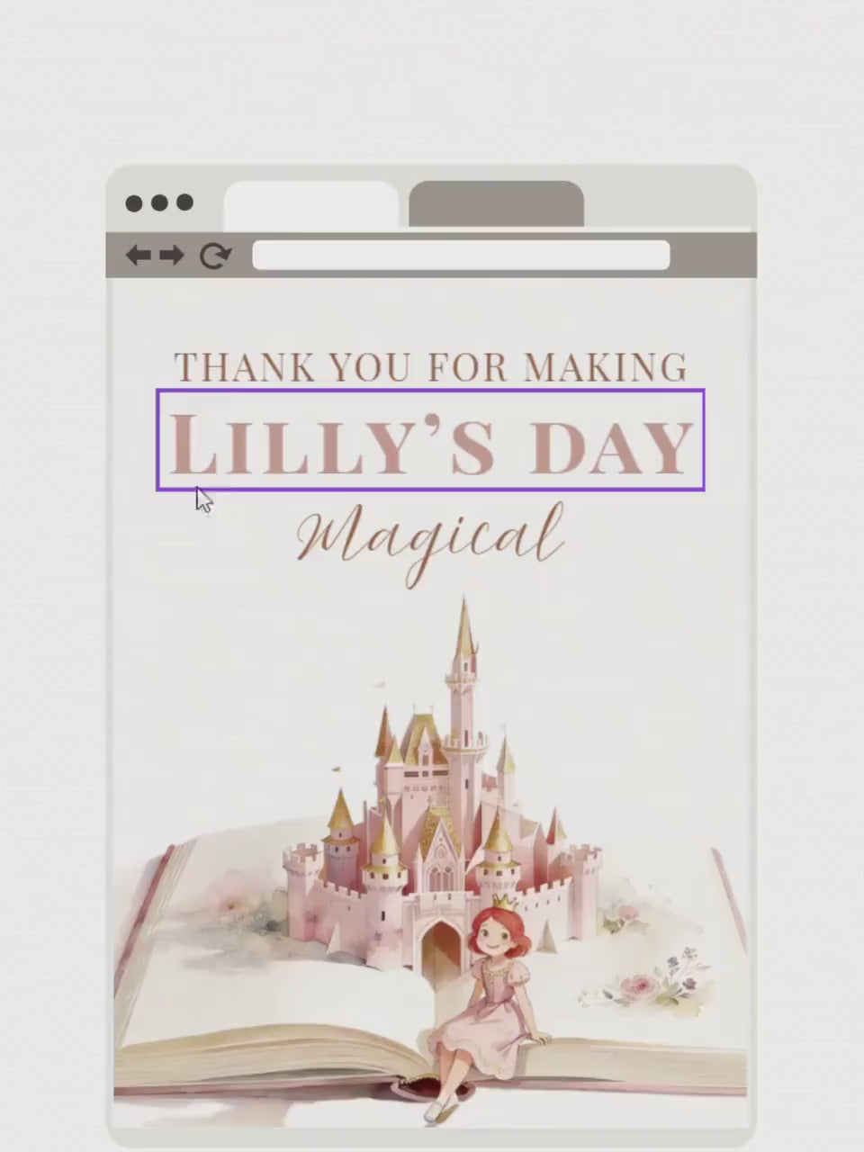 Princess Red Hair Birthday Thank You Party Card (Instant Download Editable Canva Template) Printable Mobile Magical Castle Storybook