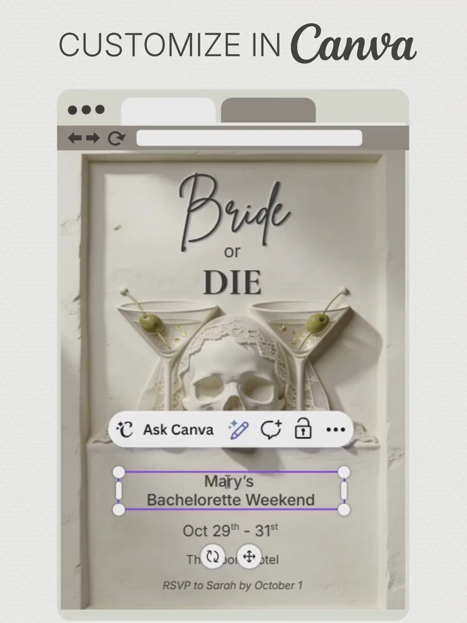 Halloween Bachelorette Invitation Printable - Bride or Die (Editable Canva Template) - Skull Martini Hen Weekend Invite 5x7