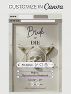 Halloween Bachelorette Invitation Printable - Bride or Die (Editable Canva Template) - Skull Martini Hen Weekend Invite 5x7