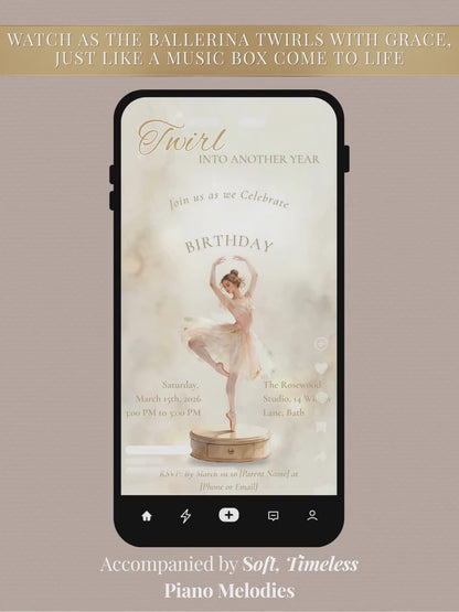 Animated Ballerina Birthday Invitation-Dance Kids Party Invite (Custom Instant Download Canva Template) Elegant Music Box Video Evite