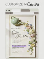 Printable Tea Party Invitation - Bridal Shower Invite - Floral Bas-Relief 5x7 Template for Baby Shower, Mothers Day, Brunch (Editable Canva)