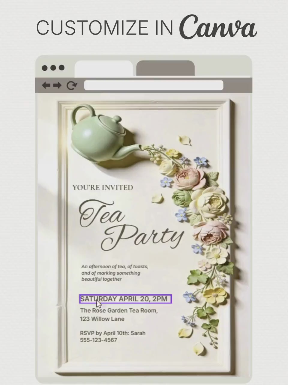Printable Tea Party Invitation - Bridal Shower Invite - Floral Bas-Relief 5x7 Template for Baby Shower, Mothers Day, Brunch (Editable Canva)