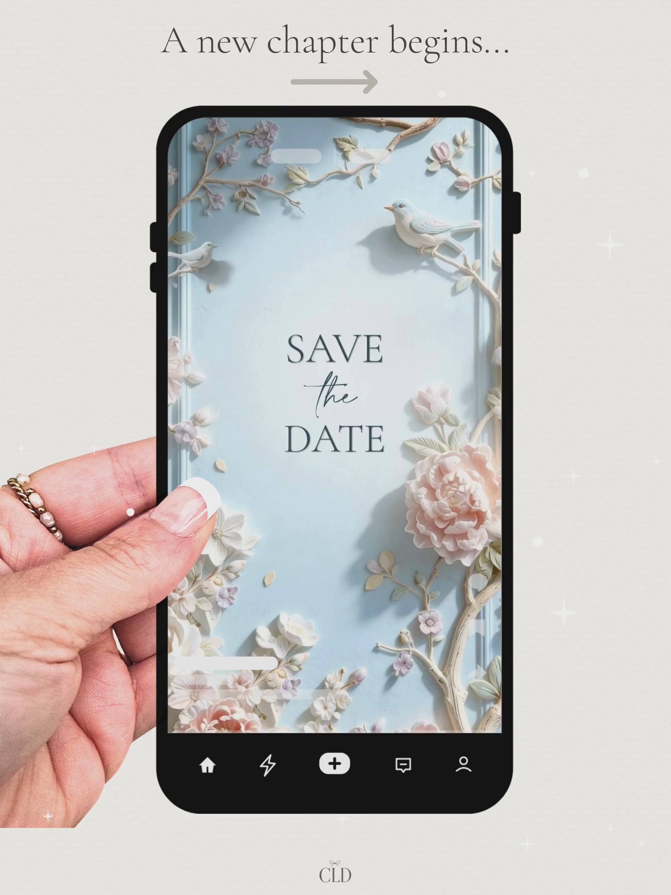 Animated Save the Date Video Wedding Evite, Floral Bas Relief Editable Canva Template, Powder Blue Digital Engagement Announcement for Phone