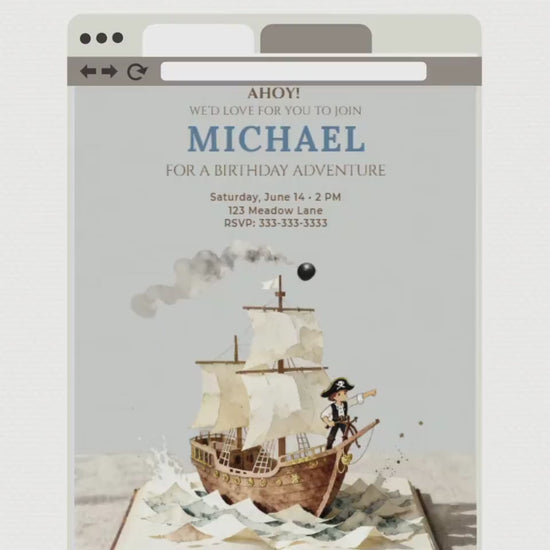 Printable Pirate Birthday Party Invitation - Custom Storybook Ship, Digital Evite for Kids (Editable Instant Download Canva Template Invite)