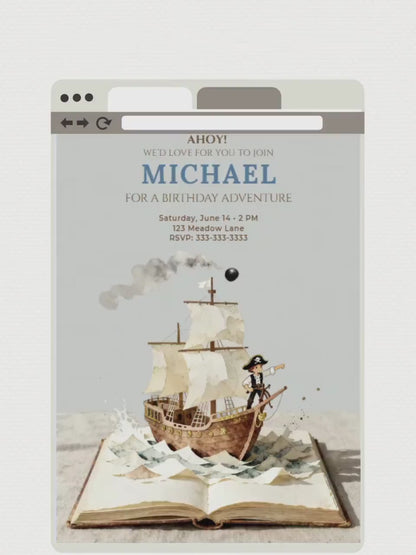 Printable Pirate Birthday Party Invitation - Custom Storybook Ship, Digital Evite for Kids (Editable Instant Download Canva Template Invite)